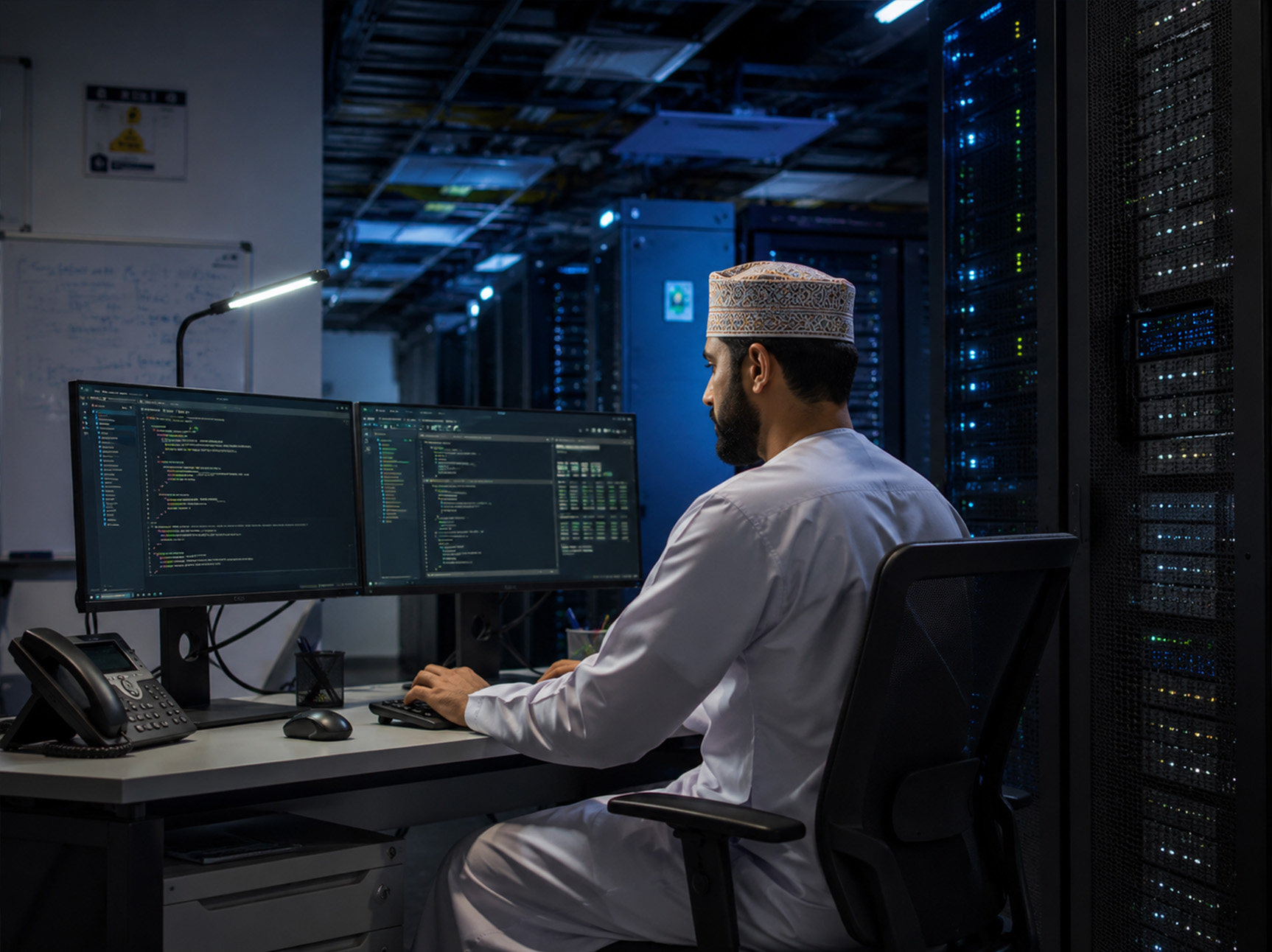 An engineer working at a server rack in a data centre