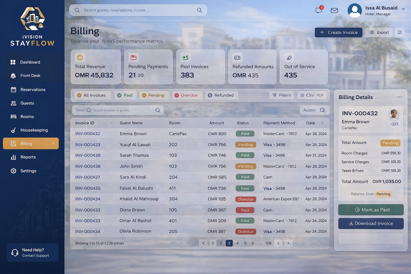 StayFlow billing screen with invoices and payments