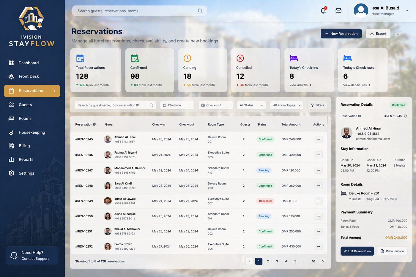 StayFlow reservations list with availability and status