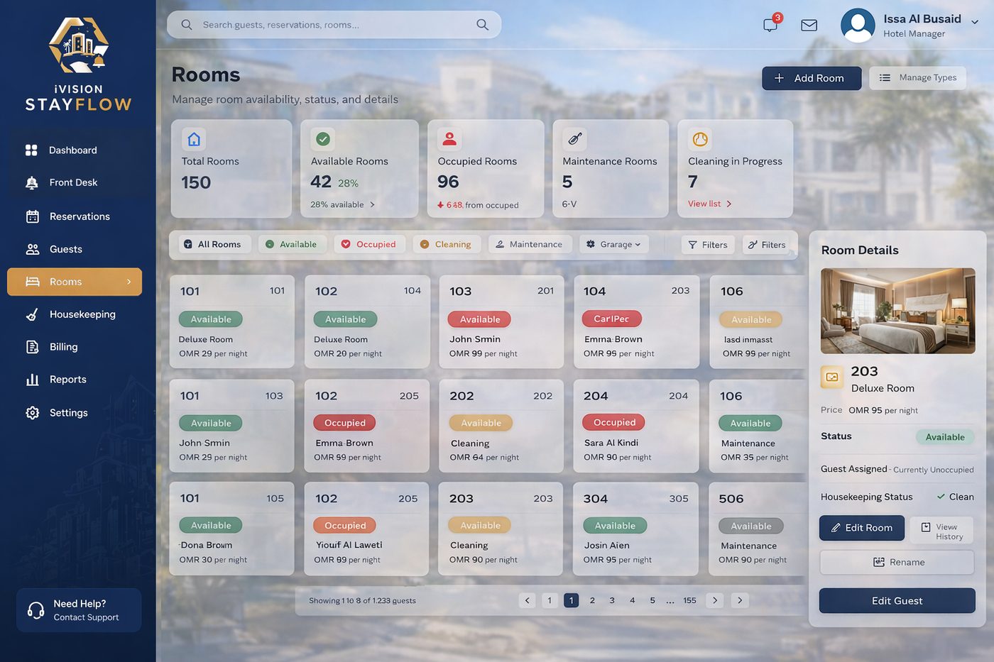 StayFlow room grid showing room status