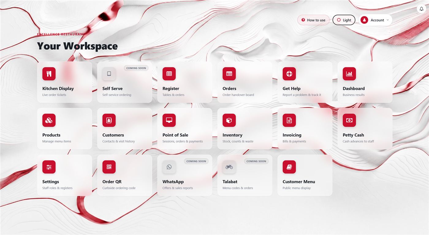 The Excellence workspace — large role-based tiles instead of menus